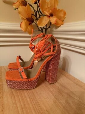 EGO Orange Rhinestone Platform Block Heels with Ankle Tie Uk 4 / US 6